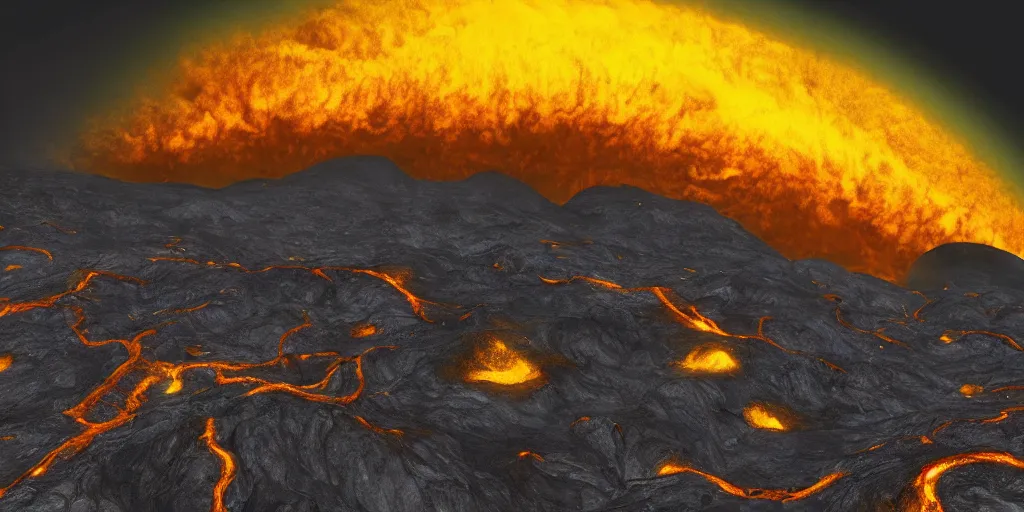 Image similar to a mountainous planet full of active vulcanoes covered by a dense yellow fog and yellow giant clouds, venus surface, path traced, highly detailed, high quality, 8 k, dramatic lighting, cinematic, high coherence, low contrast, hyperrealistic, concept art, digital art, dark yellow dense atmosphere, lava in the ground, no life, desertic