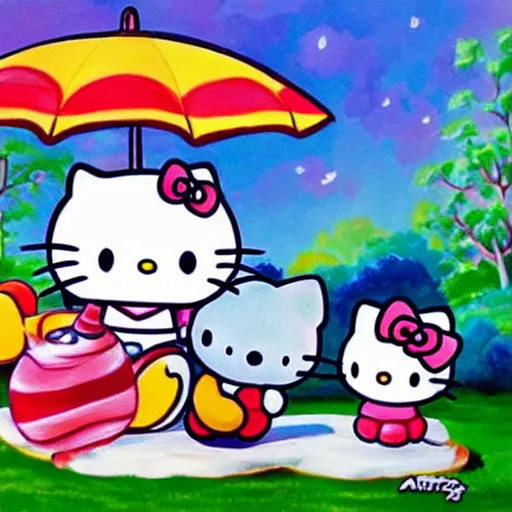 Image similar to painting of hello kitty and sanrio characters playing outside on a sunny day, by artgerm