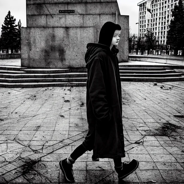 Image similar to sadie sink in hoodie sits on bench in ruined square, pedestrians walk by, soviet monument and propaganda posters. storyboard, scifi cyberpunk. by gabriel hardman. cinematic atmosphere, detailed and intricate, perfect anatomy