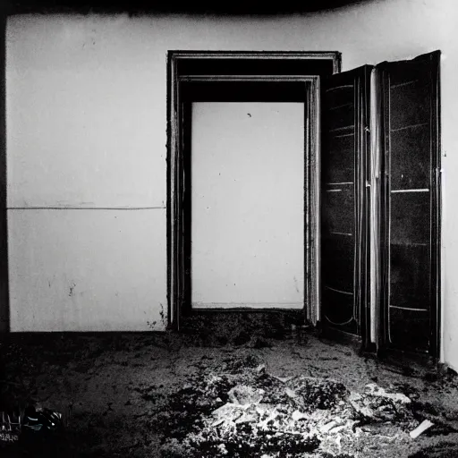 Prompt: Photograph of an old black room with a TV playing an emergency warning while a sleep paralysis demon crabwalks around, dust in the air, brown wood cabinets, SCP, taken using a film camera with 35mm expired film, bright camera flash enabled, award winning photograph, sleep paralysis demon crabwalking towards camera, creepy, liminal space, in the style of the movie Pulse