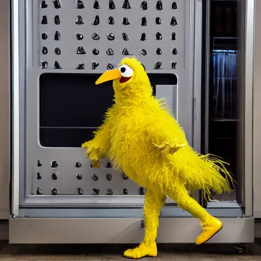 Image similar to big bird sesame street running from the police carrying a fridge