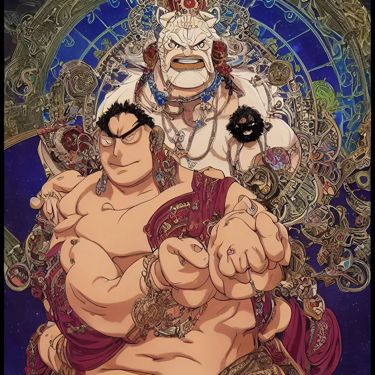 Image similar to portrait of Jinbe from one piece comic by Jeff Easley and Peter Elson + beautiful eyes, beautiful face + symmetry face + border and embellishments inspiried by alphonse mucha, fractals in the background, galaxy + baroque, gothic, surreal + highly detailed, intricate complexity, epic composition, magical atmosphere + masterpiece, award winning + trending on artstation