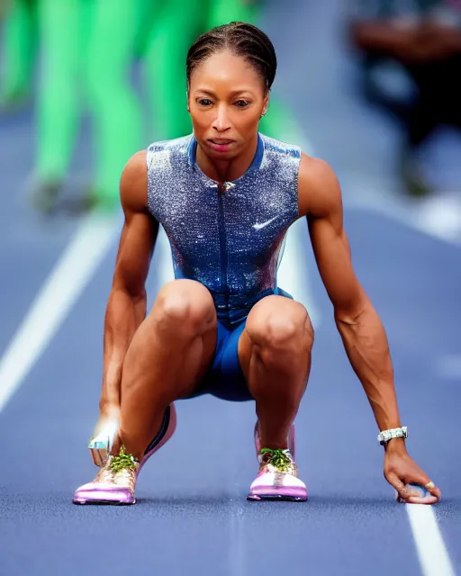 Image similar to stock photos of allyson felix, wearing a skin tight futuristic iridescent tracksuit, crouching at the 2 0 0 - meter starting line, hyperreal, she is sweating profusely