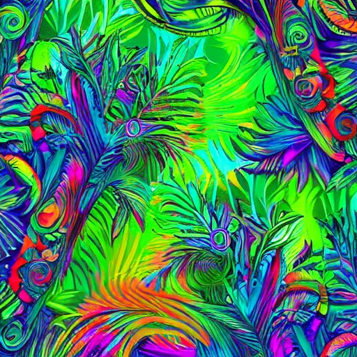 Image similar to psychedelic jungle, 8k, extremly detailed, sharp, colorful