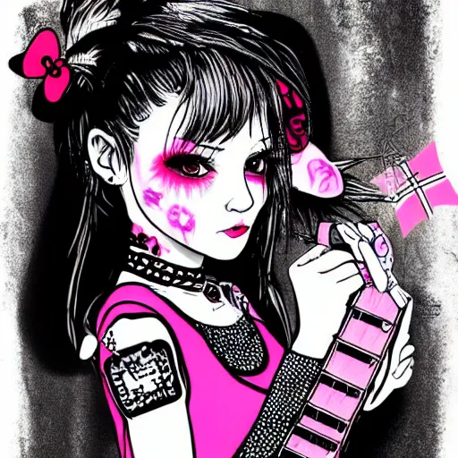 Image similar to punk little girl, profile picture, grunge fashion, reflection, cute artwork, hello kitty art style, gothic style, 8 k