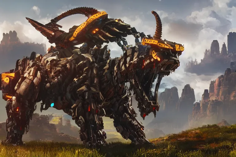 Image similar to grimhorn fanghorn machine mecha animal beast robot of horizon forbidden west horizon zero dawn bioluminiscence global illumination ray tracing hdr fanart arstation by sung choi and eric pfeiffer and gabriel garza and casper konefal