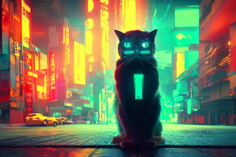 Prompt: cyberpunk ginger cat in the city, neon lighting, rendered in unreal engine, trending on artstation