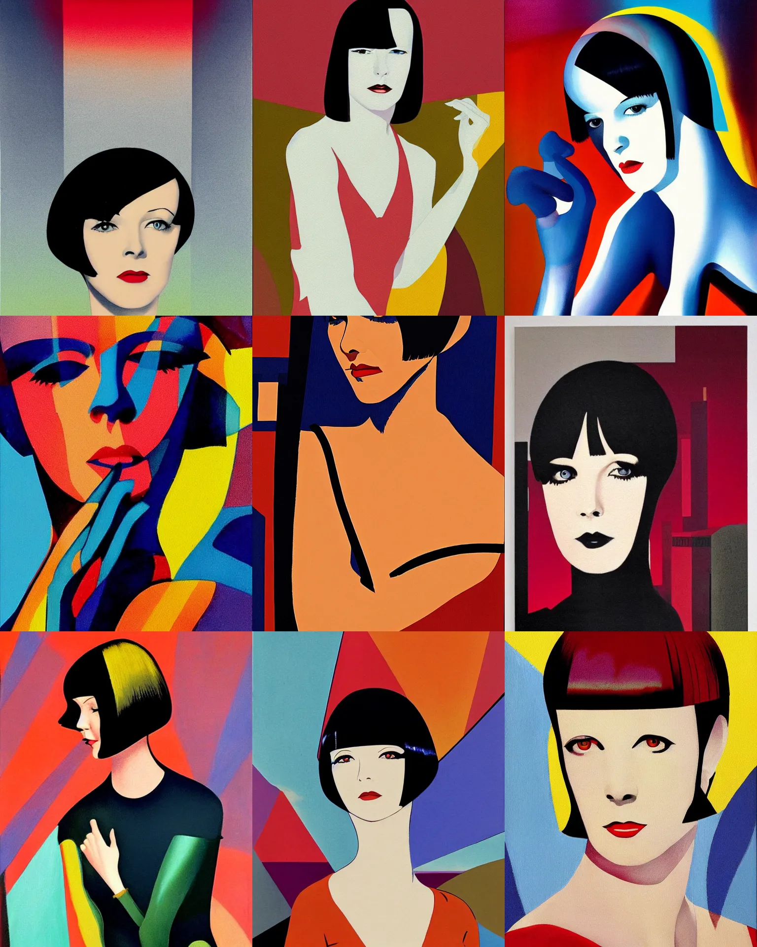 Prompt: full length portrait of mary louise brooks, shiny bob haircut, dramatic light, abstract art deco city background, sunset, 3 colour print, high contrast, sharp, painted by stanley lau,, painted by stanley artgerm,, painted by patrick nagel