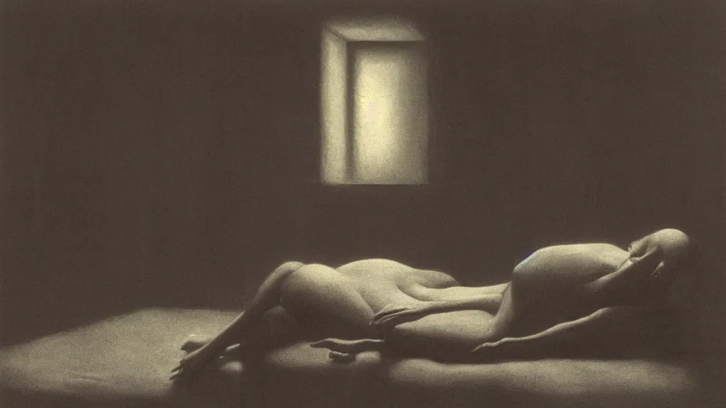 Image similar to an unknown figure sleeps in a bed, I wait by Zdzisław Beksiński, film still, cinematic