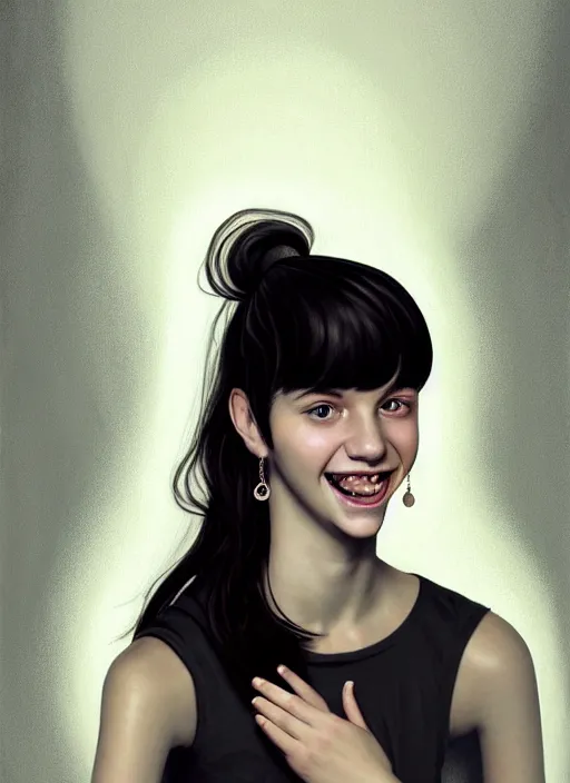 Image similar to portrait of white teenage girl, narrow face, short black hair, bangs, half updo hairstyle, buck toothed big smile, unattractive, defined jawline, long chin, wearing hair bow, earrings, intricate, elegant, glowing lights, highly detailed, digital painting, artstation, sharp focus, illustration, art by wlop, mars ravelo and greg rutkowski