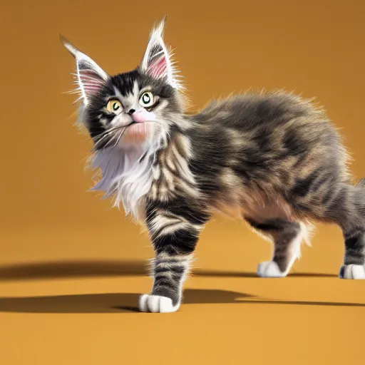 Image similar to eye - level view, a super cute maine coon kitten ate my homework and got smart, hilarious, funny, back to school comedy, cg animation, 3 d octane render, hdr