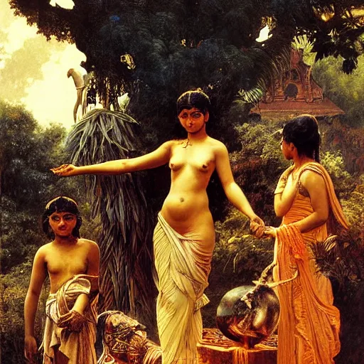 Image similar to sri lankan womans sacrifising thier children to giant crow, painting by gaston bussiere, craig mullins, j. c. leyendecker, lights, art by ernst haeckel, john william godward, hammershøi,,