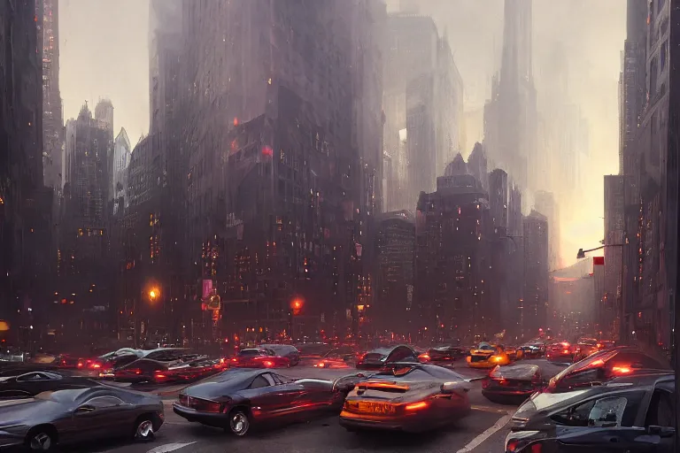 Prompt: beautiful matte painting traffic jam on the streets of neo new york in evening by greg rutkowski, 4 k, extreme details