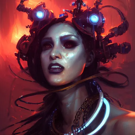 Prompt: portrait of a beautiful cybernetic queen of the damned, cyberpunk concept art by pete mohrbacher and artgerm and wlop and greg rutkowski and deathburger, digital art, highly detailed, intricate, sci-fi, sharp focus, Trending on Artstation HQ, deviantart, unreal engine 5, 4K UHD image
