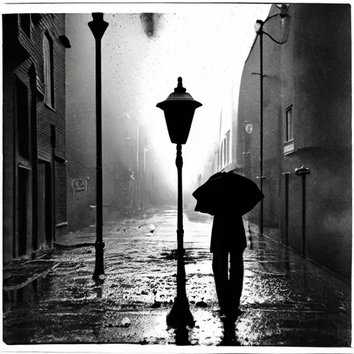 Prompt: 35mm, dark pale man standing in front of alley, streetlight, rain, eldritch, high definition