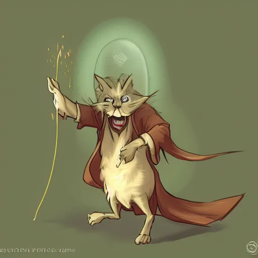 Prompt: wizard is laughing at a small cat, dynamic pose, chromatic aberration, medium level shot, comedy, fantasy, illustration, concept art,