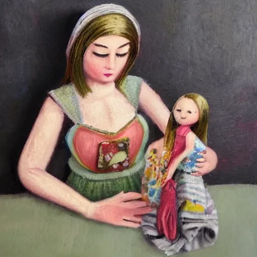 Image similar to woman with the magical ability to give life to the dolls she makes, painting