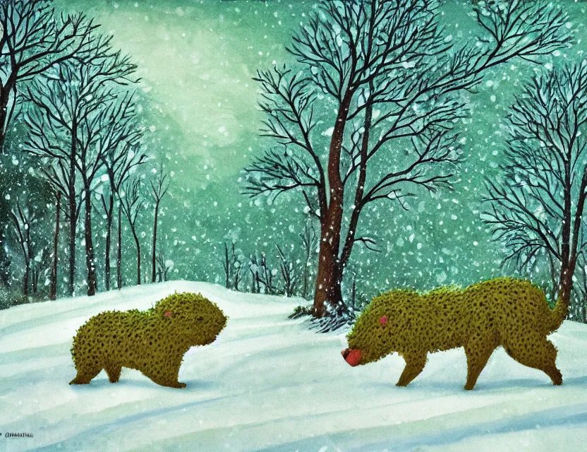 Image similar to lush green chia pet animal frolicking in snowy woods, stormy skies. russian fairytale art, gouache, dynamic composition, backlighting