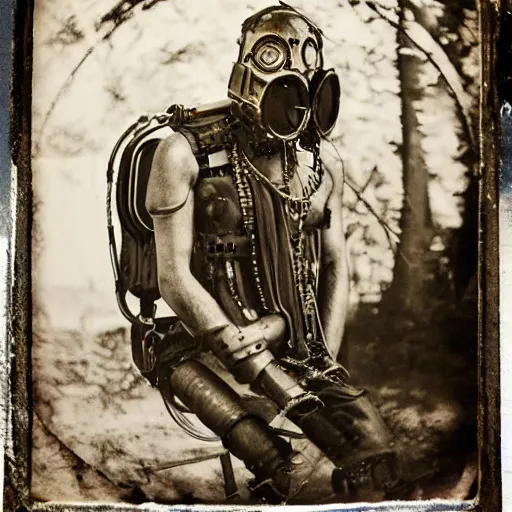 Prompt: tintype photographs of techno shamans, telepaths, dieselpunk cyborgs, masked heroes, irradiated humans, ancient ones, mystic monsters, and monster hunters