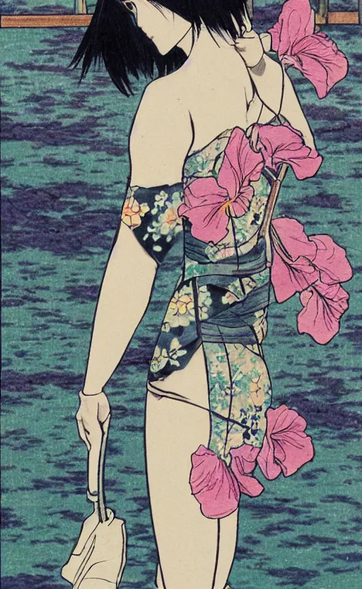 Prompt: by akio watanabe, manga art, a black hair girl walking on wooden lake bridge and iris flowers, trading card front, kimono, realistic anatomy