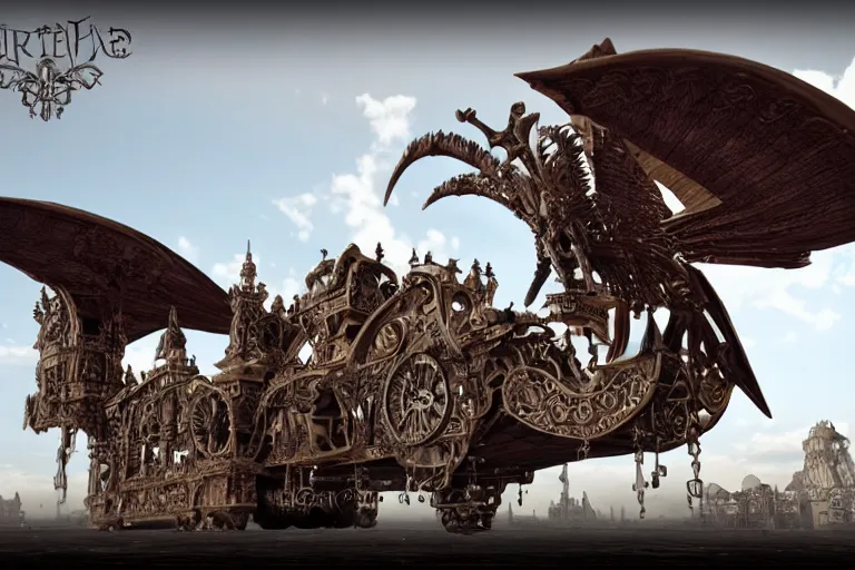 Image similar to highly detailed gigantic luxury baroque gothic steampunk birdshaped spaceship made of bone, rendered in unreal engine 5, cryengine, arnold and zbrush, volumetric lighting