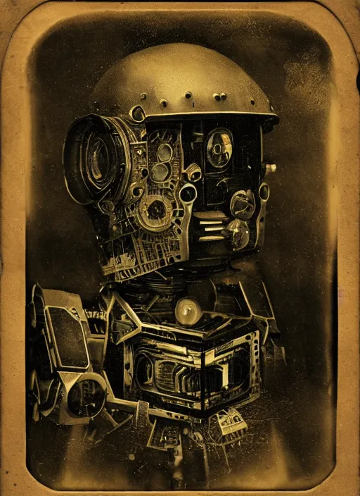 Prompt: old wetplate daguerreotype portrait of futuristic robot, dubbel negative exposure, explosion of data fragments, shallow dept of field, fractal, intricate, elegant, highly detailed, parallax, leica, medium format, subsurface scattering, by jheronimus bosch and greg rutkowski and louis jacques mande daguerre