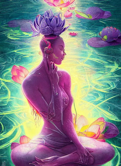 Image similar to 'lotus goddes, full body, purple, pink, yellow, concept character, water drops, lotus flower, beautiful, stunning, pink mist, radiating power, energy, god rays, luminescence, fractal, style of james jean, akira, satoshi con'