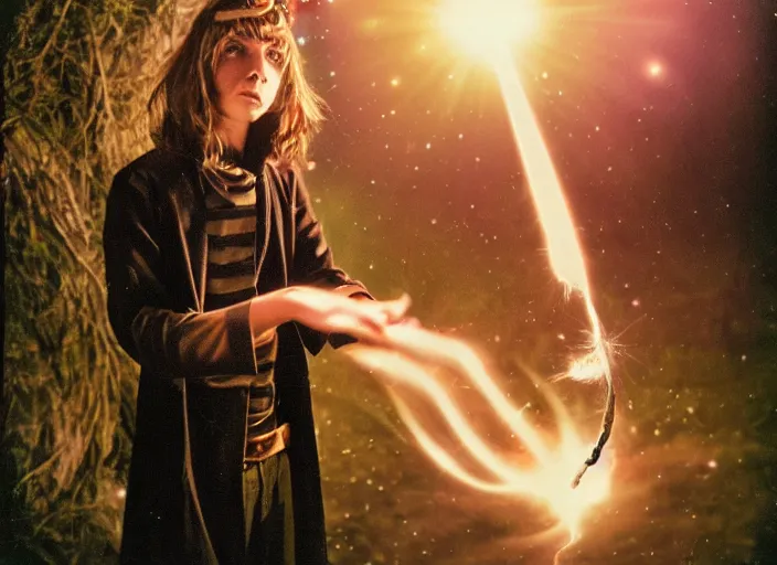 Image similar to a young adult wizard with very detailed face, hair clothes and shoes holds their wand fiercely in their hand from which a blast of bright magic flies from the end of the wand, on an empty moonlit hill, dramatic lighting, lens flare, 3 5 mm full frame professional photography, kodachrome