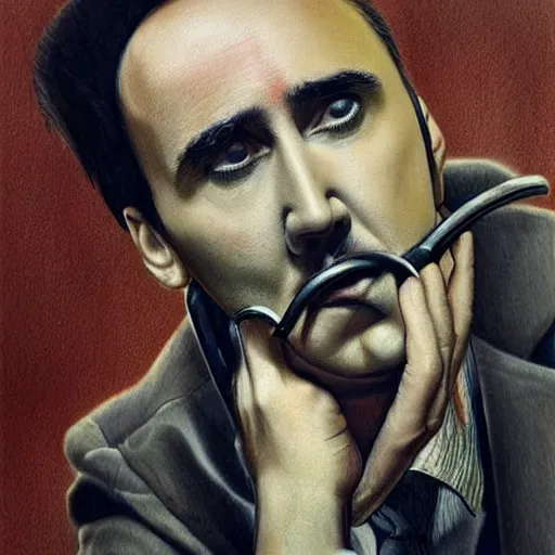 Image similar to Drinking from bottle liquid with face Nicolas Cage, Surrealism, Surreal drawing, Digital art, from artstation, art by Salvador Dali