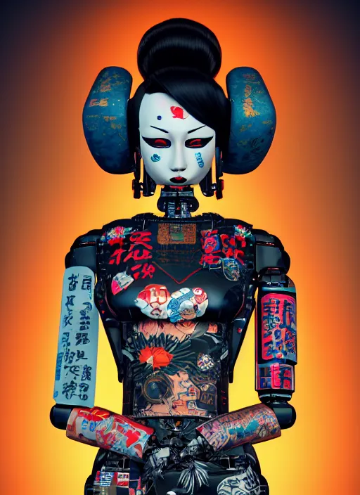 Image similar to full body portrait of a punk geisha robot with kanji tattoos and decals wearing a digital pixelated kimono, intricate design, photo - realistic, octane render, dark colour palette, ultra fine detailed, character design, trending on artstation