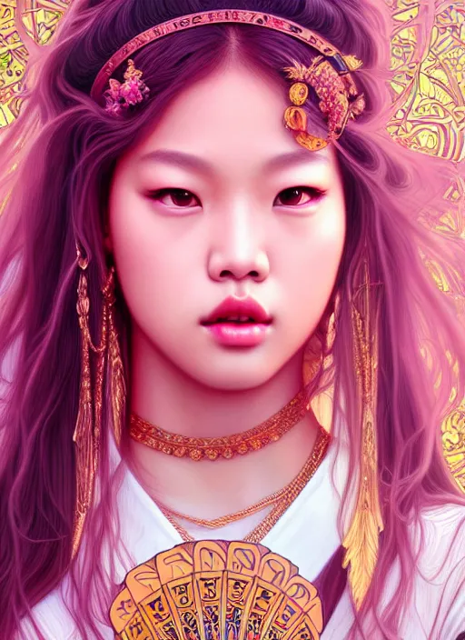 Image similar to jennie of blackpink, queen, tarot card, highly detailed, digital painting, smooth, sharp focus, illustration, ultra realistic, unreal engine, 8 k, art by artgerm and alphonse mucha