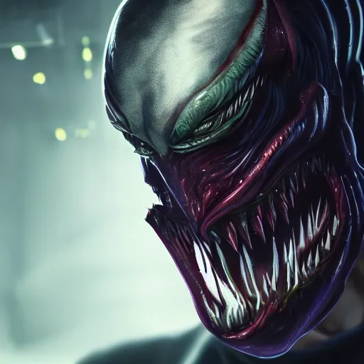 Image similar to joker venom portrait, close up, futuristic sci-fi, alien fabric, venom costume, black slime, roots, chrome mask, beams of light, fog atmosphere, highly no detailed, atmospheric, dark aesthetics, artstation, octane rendering, ultra realistic, 8k