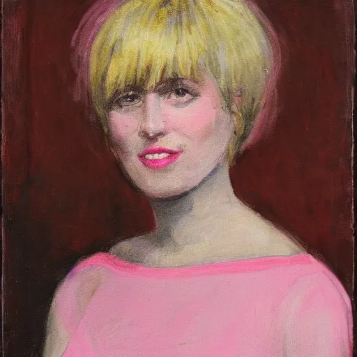 Image similar to portrait of a woman with bangs and blonde hair wearing a pink dress