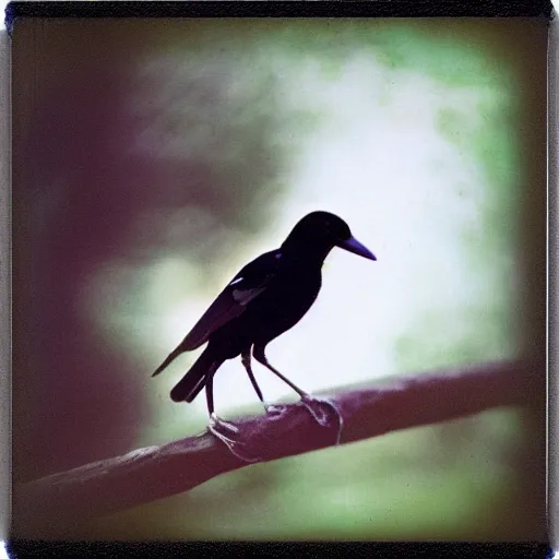 Prompt: magpie, beautiful polaroid photo, pinhole, color