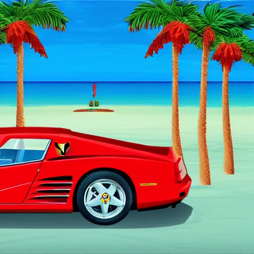 Image similar to a red Ferrari testarossa next to a white sand beach with palm trees. 16bit graphics.