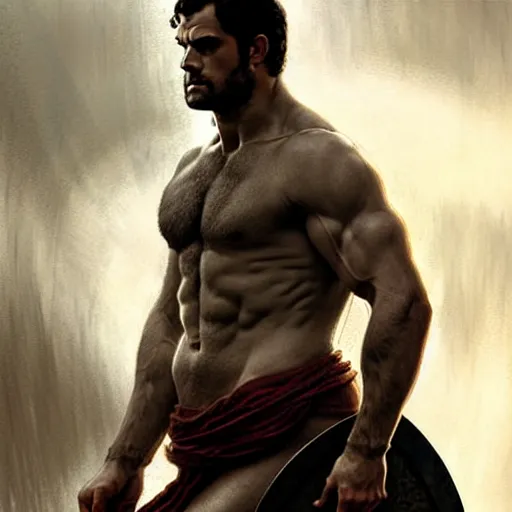 Image similar to henry cavill as a greek gladiator, gorgeous, amazing, muscular, intricate, highly detailed, digital painting, artstation, concept art, sharp focus, illustration, art by greg rutkowski and alphonse mucha