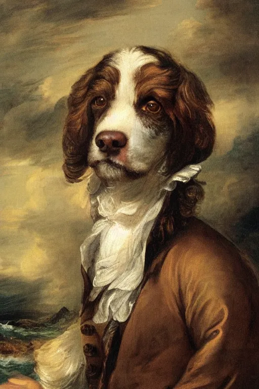 Prompt: A painted portrait of a brown haired springer spaniel wearing a sea captain's clothing, by Thomas Gainsborough, elegant, highly detailed, anthro, anthropomorphic dog