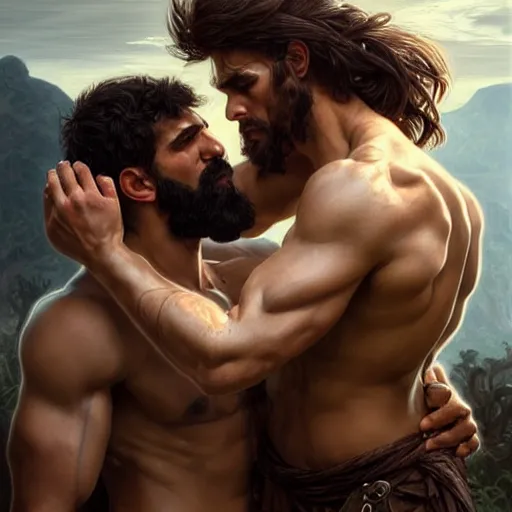 Prompt: very very very epic portrait of the greek man patroclus and his friend achilles, soft hair, muscular, half body, leather, hairy, d & d, fantasy, intricate, elegant, highly detailed, digital painting, artstation, concept art, smooth, sharp focus, illustration, art by artgerm and greg rutkowski and alphonse mucha