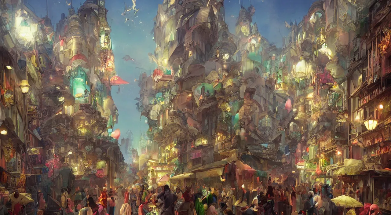 Image similar to bazaar zouk oriantal place mosquet multicolorful sky shine matte painting, street art, trending on artstation, by huang guangjian and gil elvgren and sachin teng