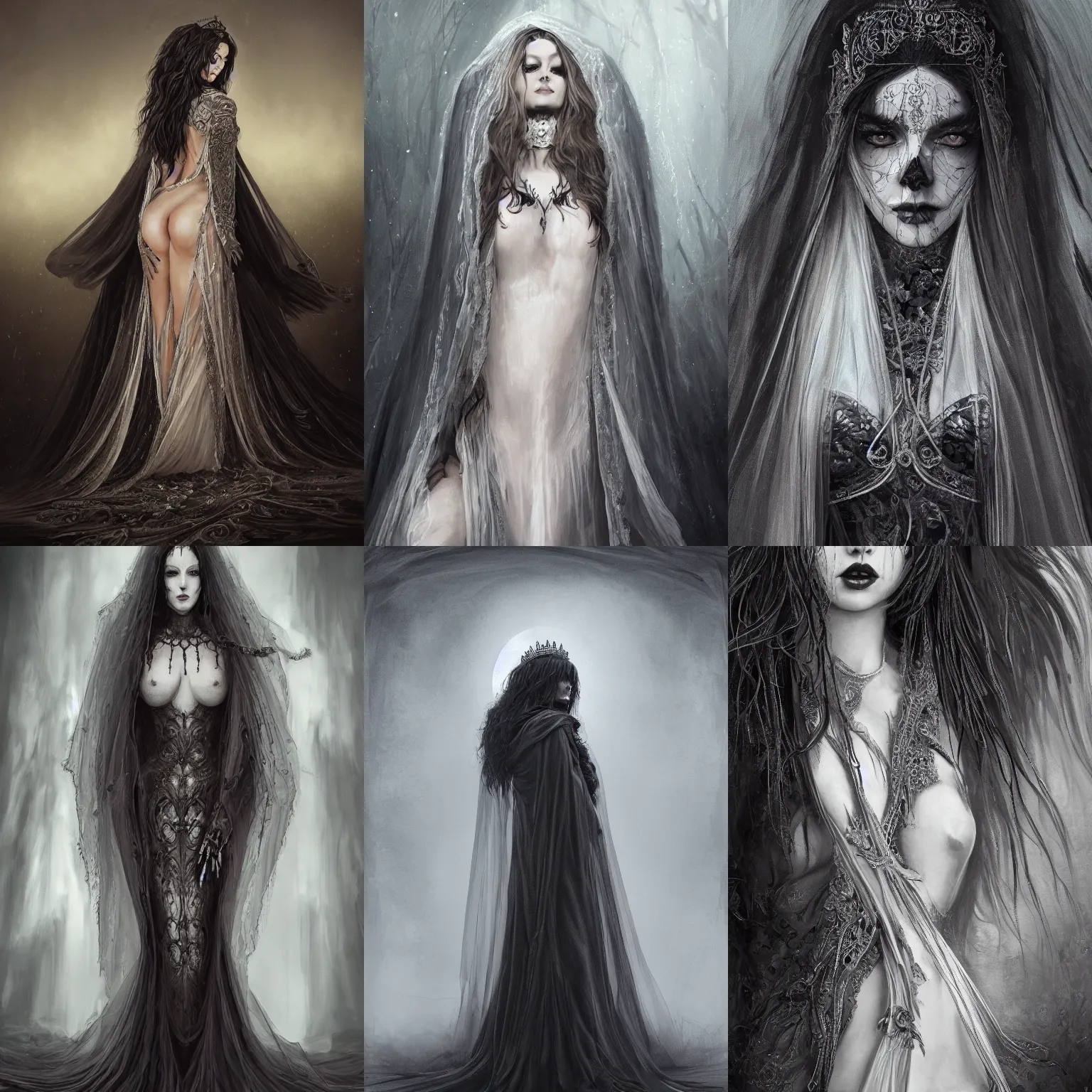 Prompt: ultra realist and ultra intricate detailed soft painting of a beautiful queen of the death fully covered in long slim curvy dress and cape, thin lustrous long dark hair, symmetry features, sensual gloomy style, volumetric dense fog, cinematic, 8k resolution, photorealistic, digital painting, dark atmosphere, artstation, concept art, sharp focus, moonlight background, artstation trending, octane render, unreal engine