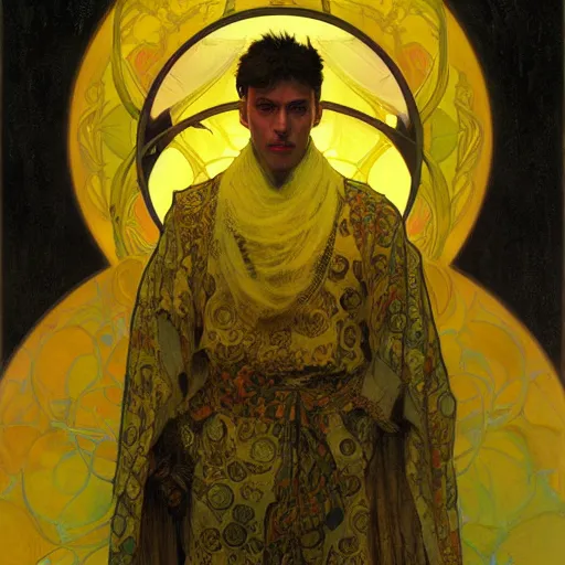 Prompt: king in yellow, highly detailed painting by ilya kuvshinov, alphonse mucha, gaston bussiere, craig mullins, j. c. leyendecker