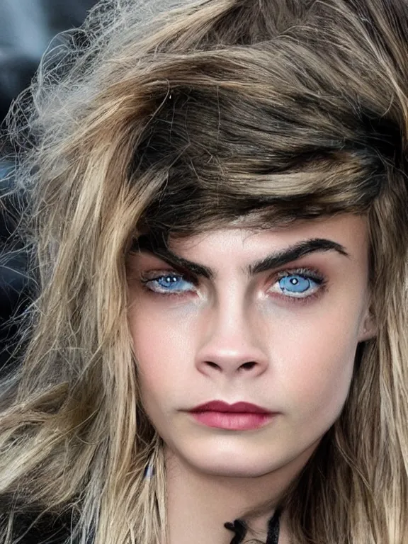 Prompt: hyperdetailed close shot of cara delevingne, winds of winter, with ripped crop t - shirt, fine - face, pretty face