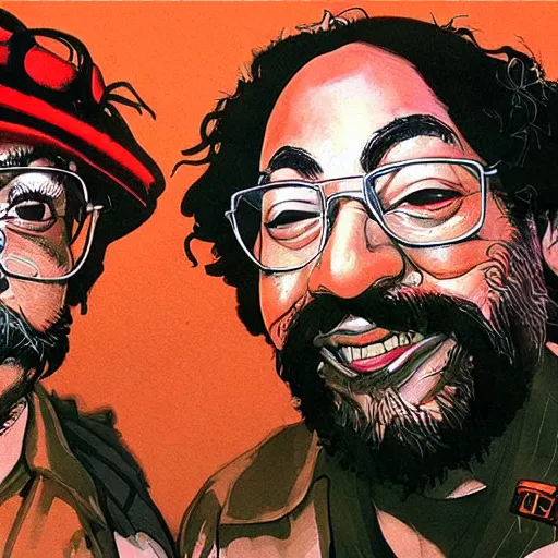 Image similar to portrait of cheech and chong as portrayed in up in smoke, concept art, sumi - e style, intricate linework, artstation, trending, highly detailed, smooth, focus, art by yoji shinkawa,