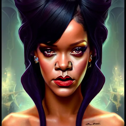 Image similar to Rihanna as a fantasy magic woman portrait, sci-fi, amber eyes, face, long hair, fantasy, intricate, elegant, highly detailed, digital painting, artstation, concept art, smooth, sharp focus, illustration, art by artgerm and greg rutkowski and alphonse mucha