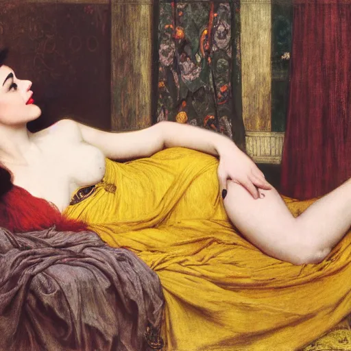Prompt: reclining on bed, hybrid of judy garland and a hybrid of camilla belle and lady gaga, aged 2 5, brown fringe, large full lips, wide shot, yellow ochre ornate medieval dress, john william waterhouse, kilian eng, rosetti, john everett millais, william holman hunt, william morris, 4 k