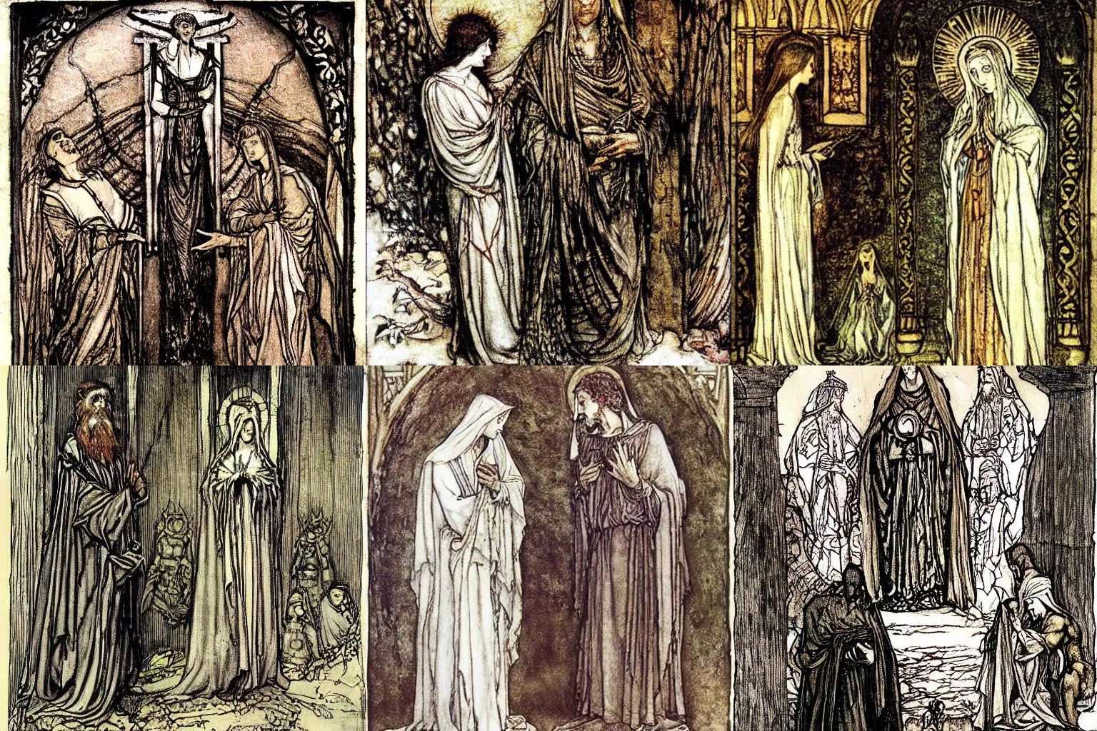 Prompt: for i am the first and the last. i am the and the holy one. i am the wife and the virgin. painted by arthur rackham