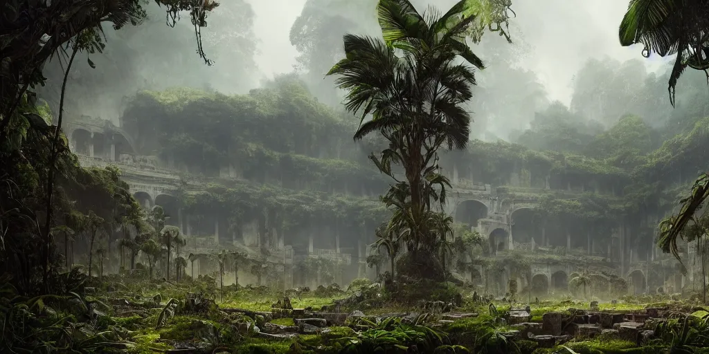 Prompt: An epic matte painting of an overgrown coloseum in the jungle, dark, mysterious, by Greg Rutkowski and Raphael Lacoste, intricate, gorgeous, tropical, stunning, 4k resolution, featured on artstation, f16