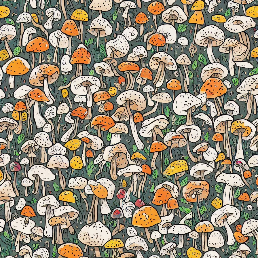 Prompt: plethora of mushroom characters and mycelium, natural colors and natural surroundings, painted patterns and coloring on mushrooms, seamless fabric pattern 8K, highly detailed.