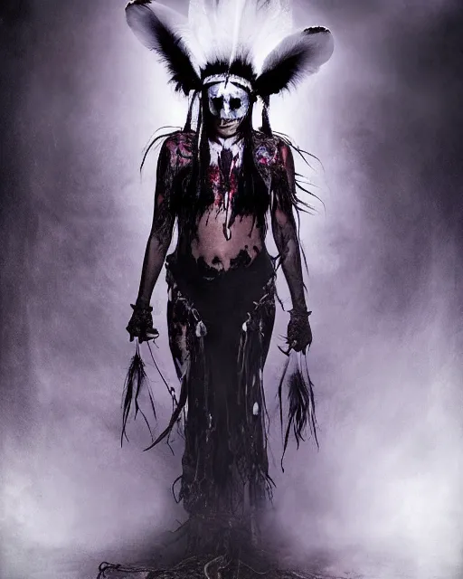 Image similar to lady native sisters ghost - spirit of the grim - warpaint wears the scarlet skull armor and native blood headdress feathers, midnight fog - mist!, dark oil painting colors, realism, cinematic lighting, various refining methods, micro macro autofocus, ultra definition, award winning photo, photograph by ghostwave - gammell - giger - shadowlord