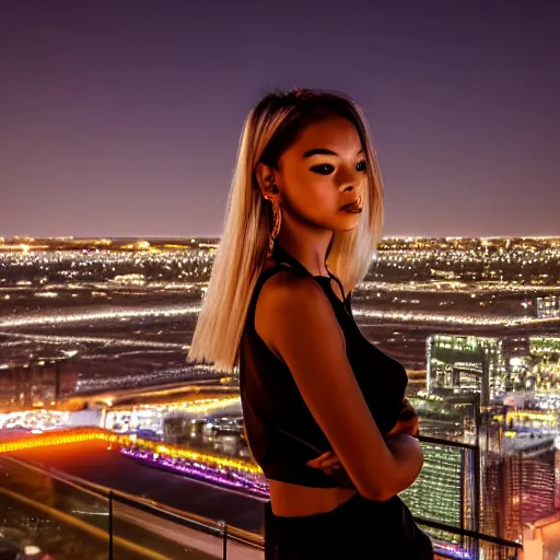 Prompt: photographic portrait of a streetwear woman, closeup, on the rooftop of a futuristic city overlooking a desert oasis at night, fireworks light up the night sky, sigma 85mm f/1.4, 4k, depth of field, high resolution, 4k, 8k, hd, full color